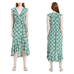 MAX STUDIO | Women’s Green Floral Ruffle Midi High-Low Wrap Dress Size M